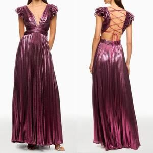 $498 Ieena for Mac Duggal Ruffle Sleeve LaceUp Back Pleated Metallic Gown-